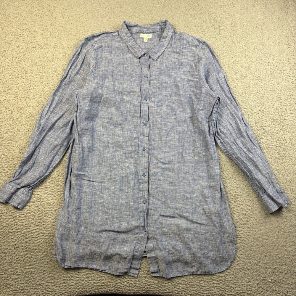 Garnet Hill Womens Blue 100% Linen Long Sleeve Button Down Tunic Shirt Sz Large